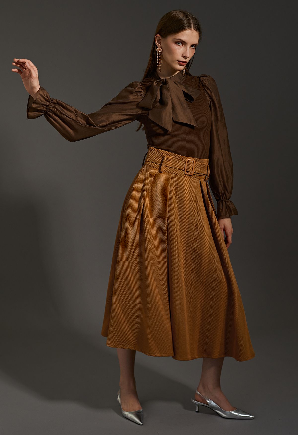 Detachable Bowknot Spliced Knit Top in Brown