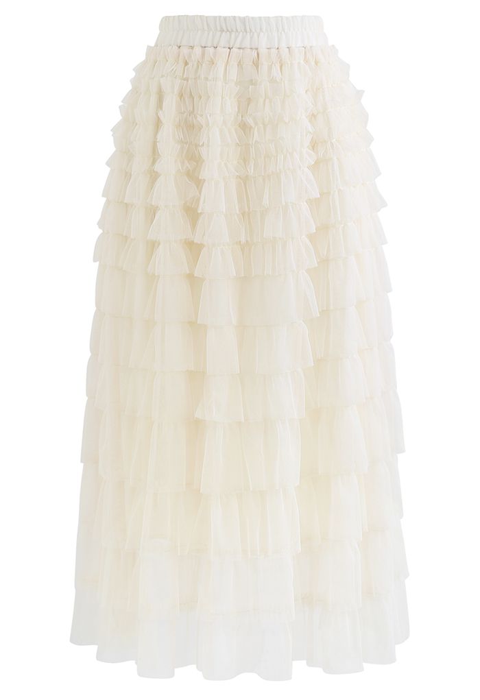 Adorable Tiered Ruffle Mesh Tulle Skirt in Cream