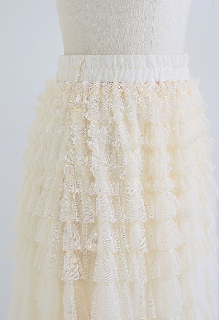 Adorable Tiered Ruffle Mesh Tulle Skirt in Cream