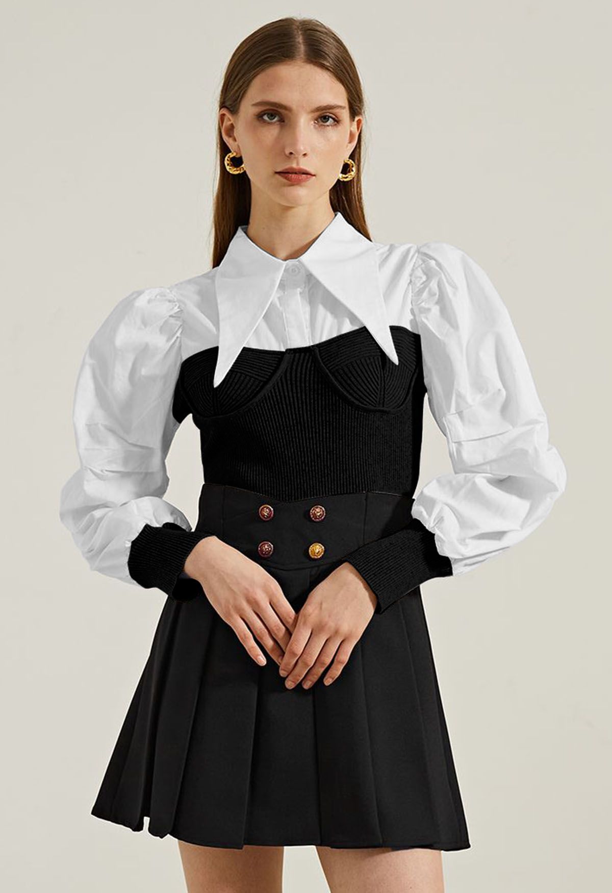 Pointed Collar Puff Sleeve Spliced Top in Black