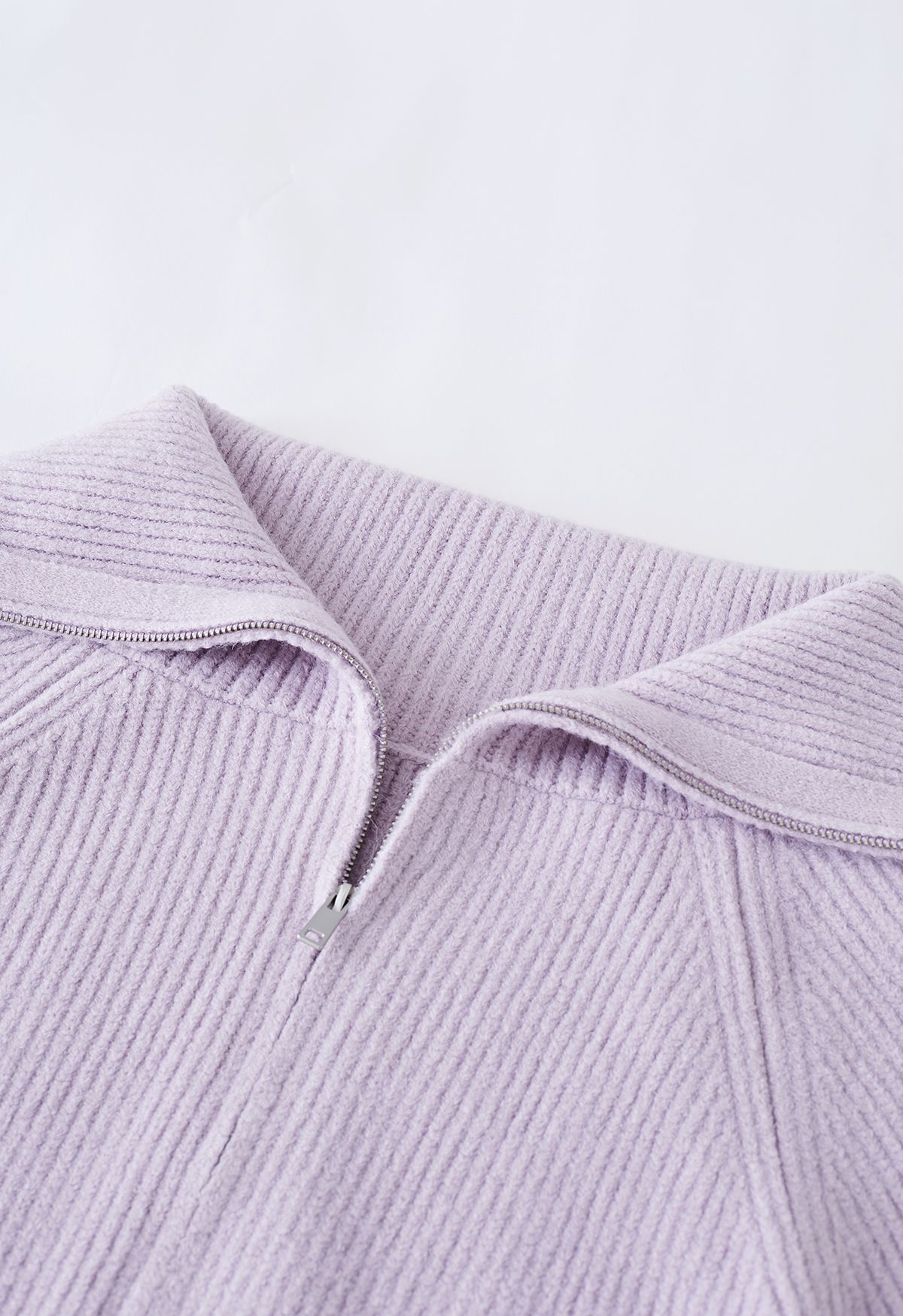 Flap Collar Zipper Ribbed Knit Cardigan in Lilac
