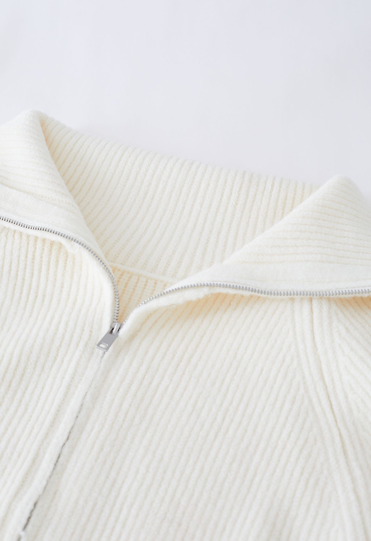 Flap Collar Zipper Ribbed Knit Cardigan in Cream