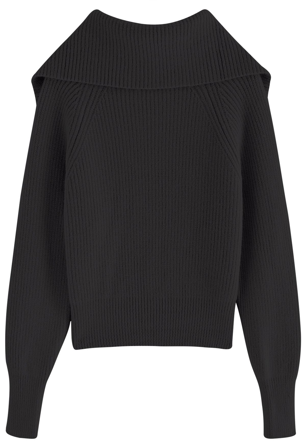 Flap Collar Zipper Ribbed Knit Cardigan in Black