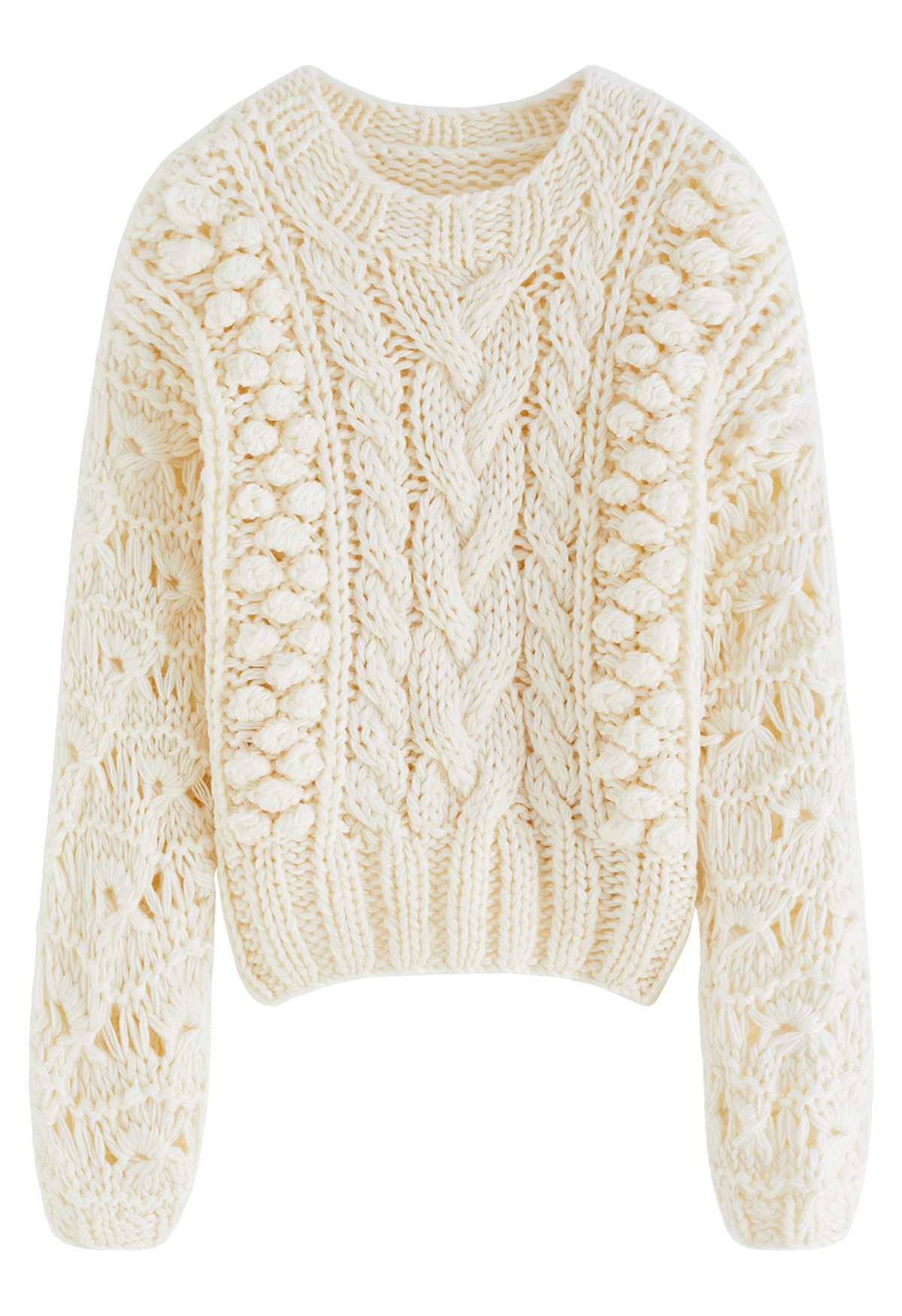 Crew Neck Pointelle Sleeve Pom-Pom Knit Sweater in Ivory