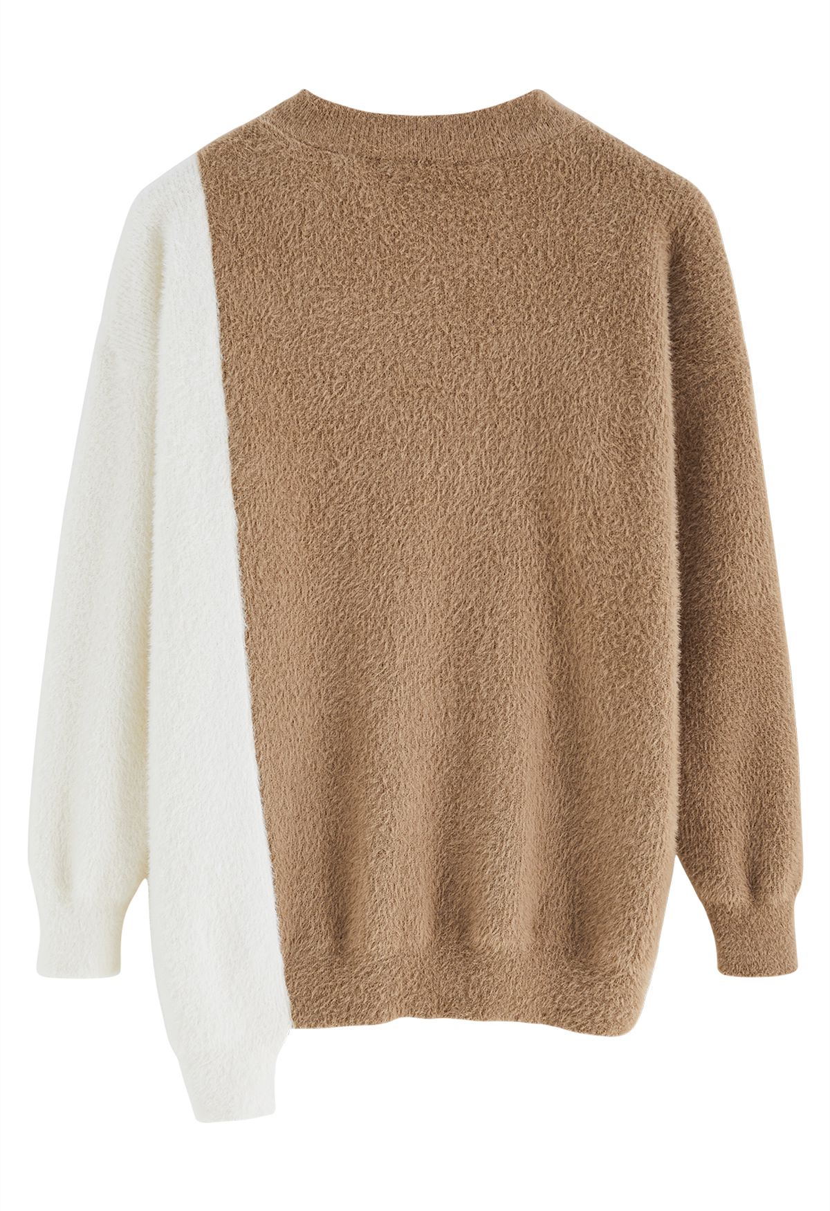 Bicolor Asymmetric Hem Fuzzy Knit Sweater in Camel