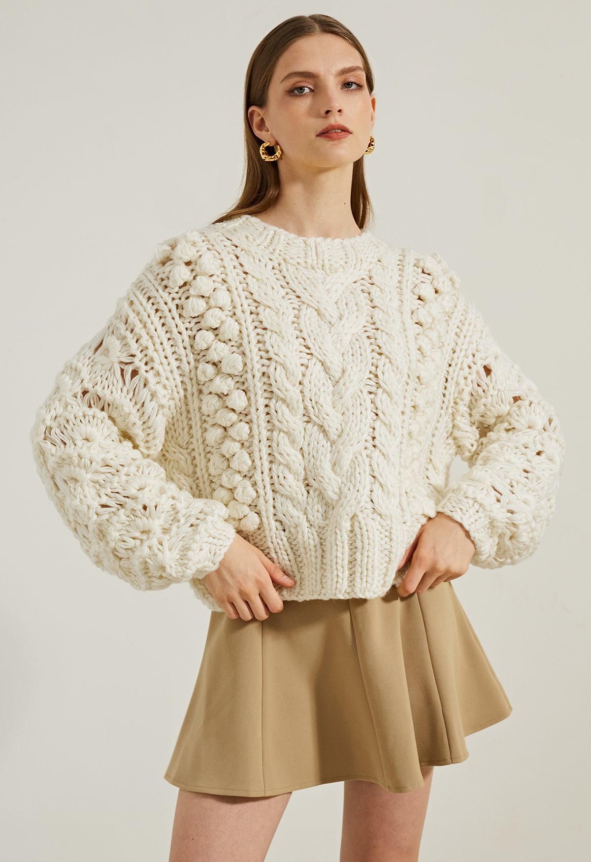 Crew Neck Pointelle Sleeve Pom-Pom Knit Sweater in Ivory