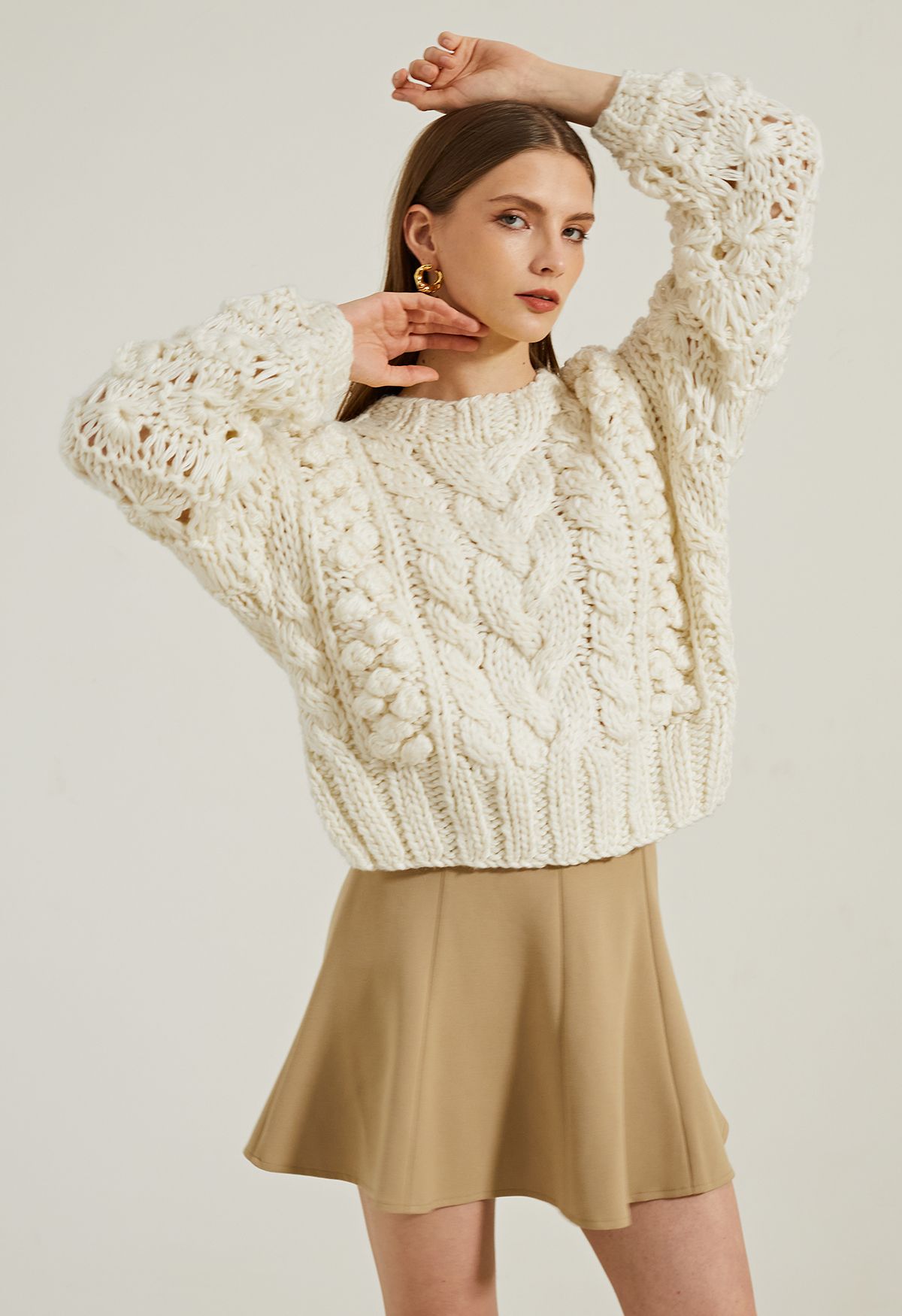 Crew Neck Pointelle Sleeve Pom-Pom Knit Sweater in Ivory