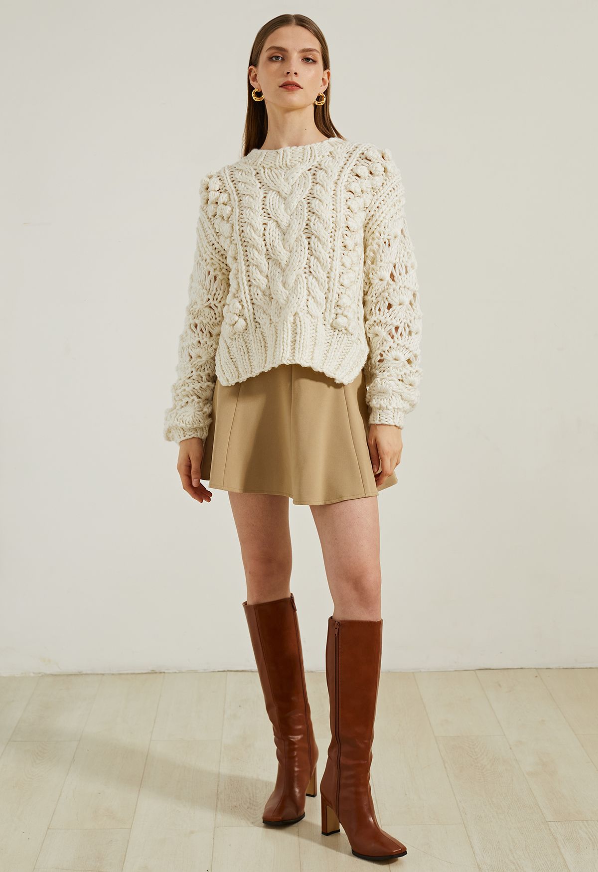 Crew Neck Pointelle Sleeve Pom-Pom Knit Sweater in Ivory