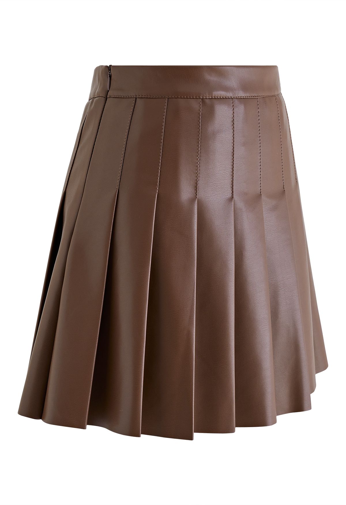 Faux Leather Pleated Flare Mini Skirt in Brown