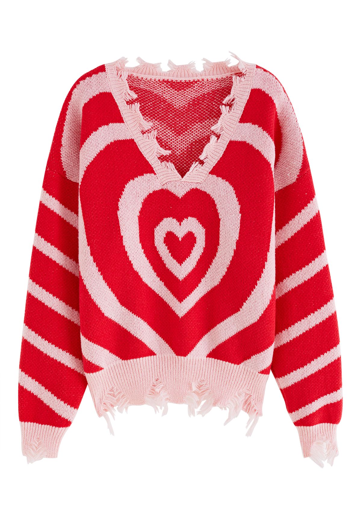 Multilayer Heart Frayed Edge Knit Sweater in Red