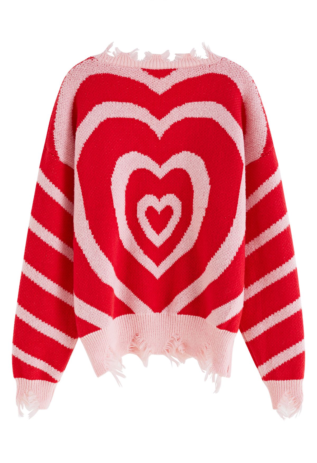 Multilayer Heart Frayed Edge Knit Sweater in Red