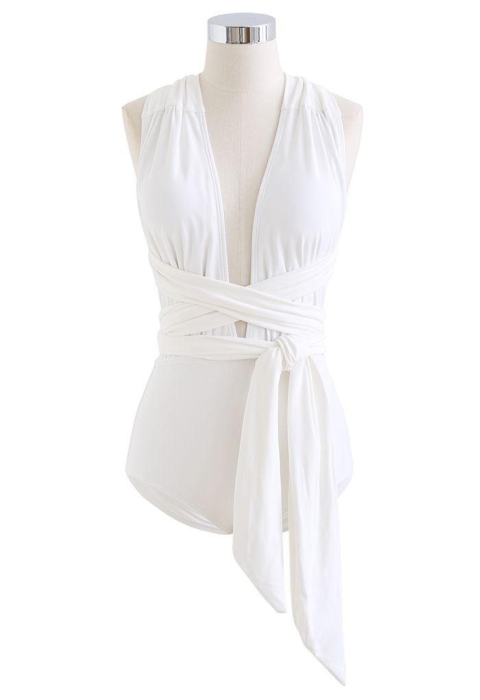 Deep V-Neck Lace-Up One-Piece Swimsuit in White