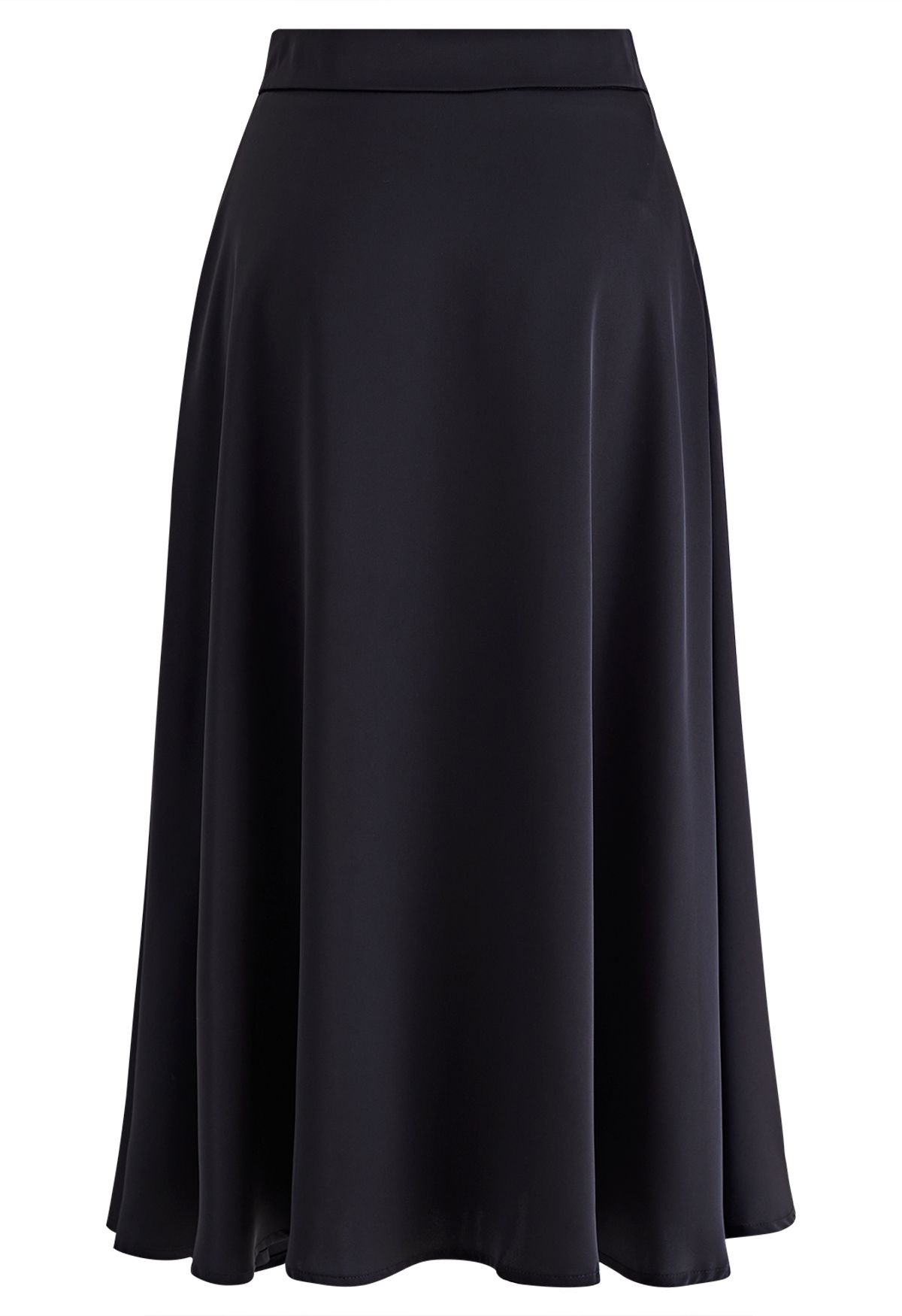 Solid Black Satin Midi Skirt