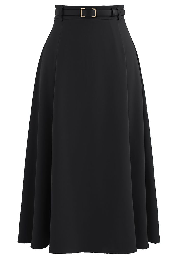 High Waist Belted Flare Midi Skirt in Black - Retro, Indie and Unique ...