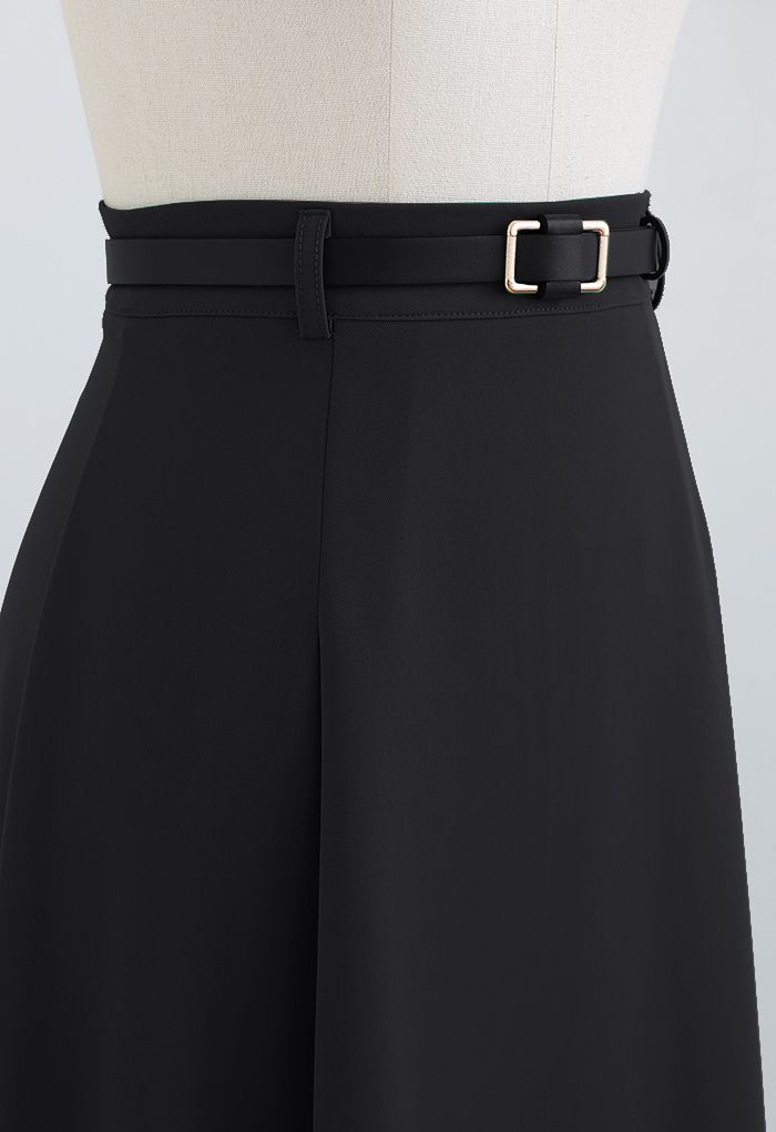 High Waist Belted Flare Midi Skirt in Black