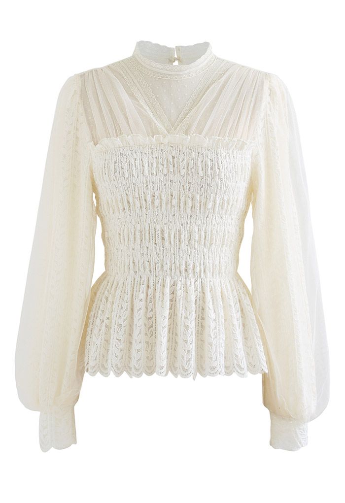 Shirred Lace Mesh Layered Puff Sleeve Top