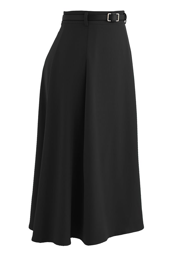 High Waist Belted Flare Midi Skirt in Black