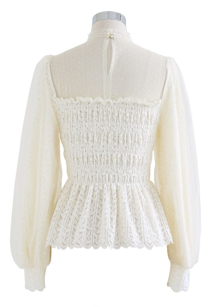 Shirred Lace Mesh Layered Puff Sleeve Top