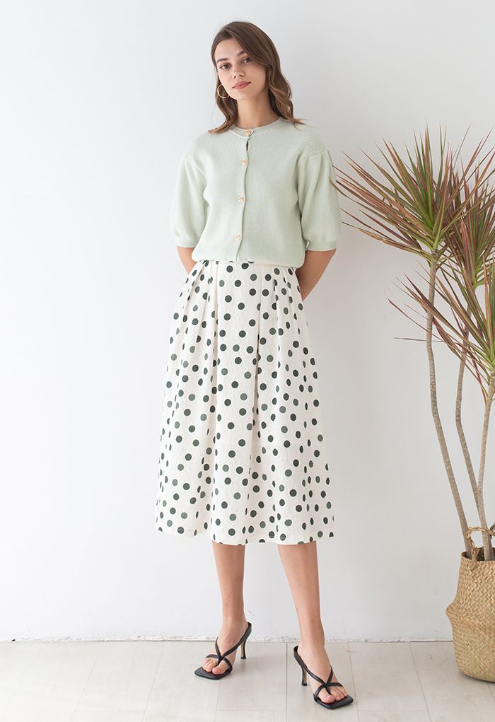 Green Dot Floret Embossed Pleated Skirt
