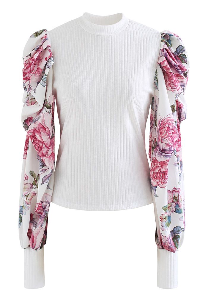 Floral Bubble Sleeve Spliced Fitted Top in White