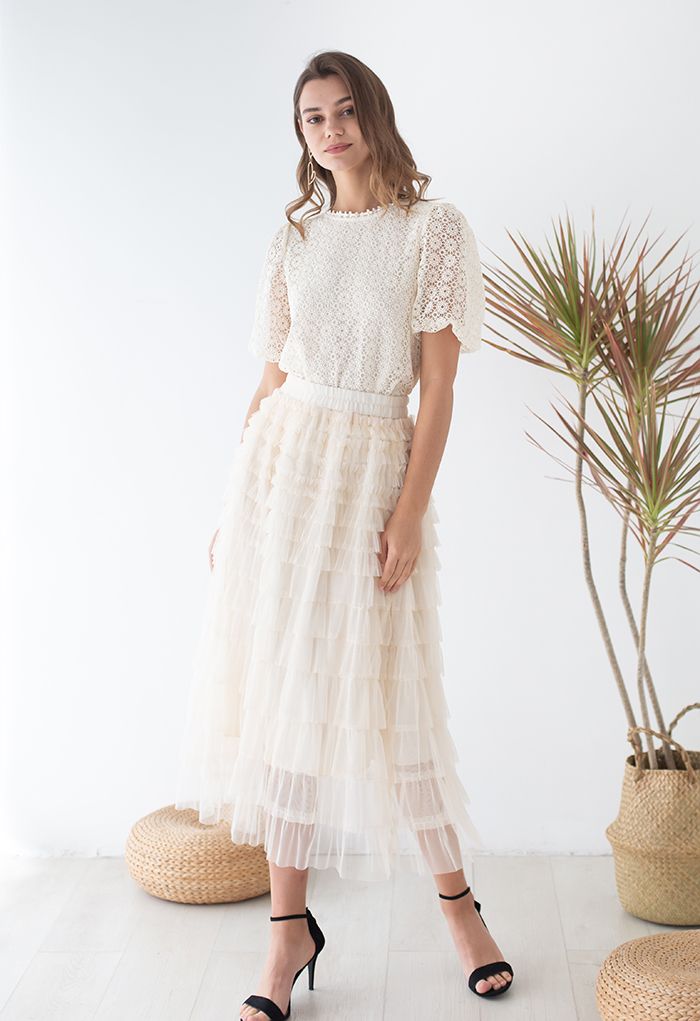 Adorable Tiered Ruffle Mesh Tulle Skirt in Cream