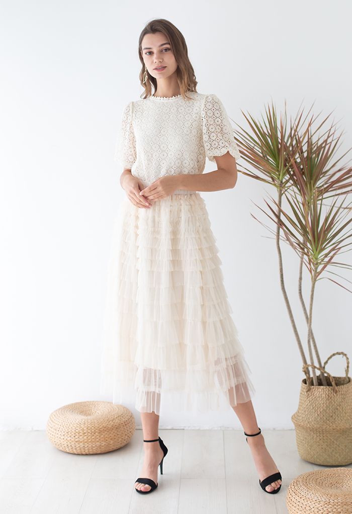 Adorable Tiered Ruffle Mesh Tulle Skirt in Cream