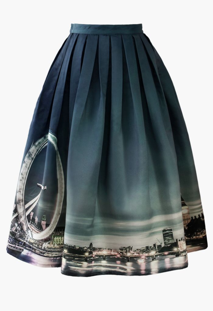 Night Skyline of London Print Midi Skirt