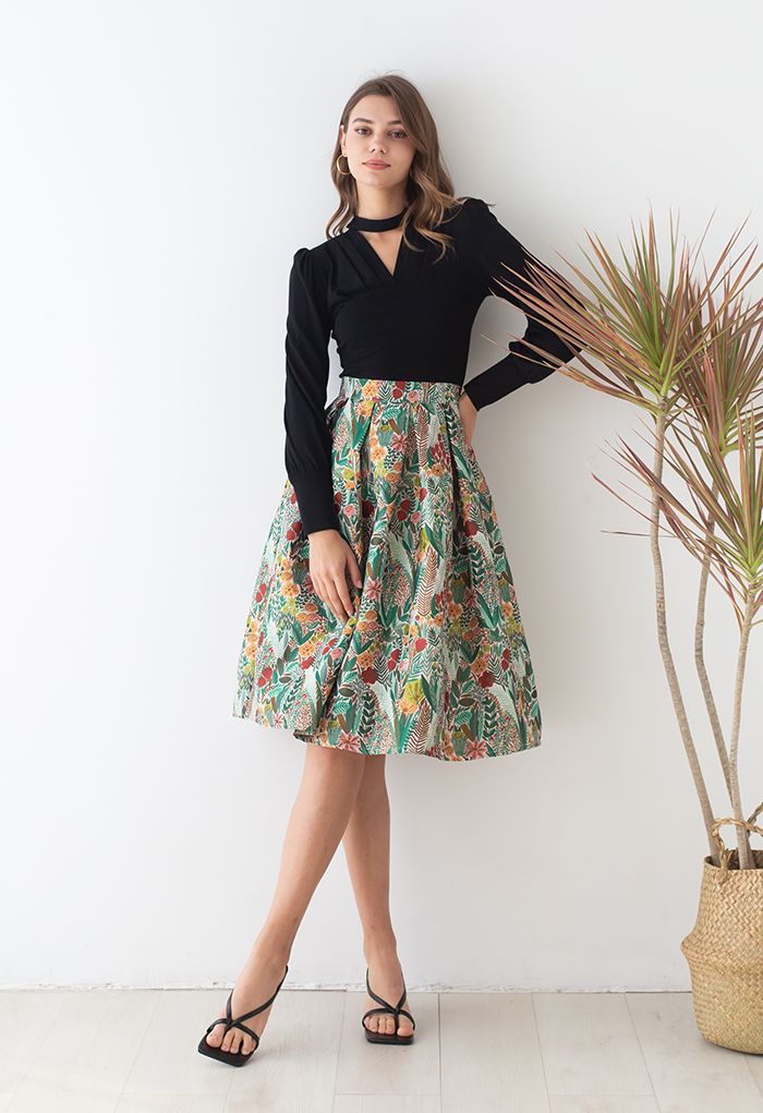Spring Scenery Jacquard Pleated Midi Skirt