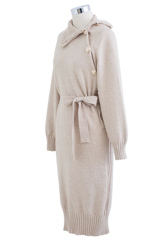 Buttoned Side Flap Collar Knit Midi Dress in Linen