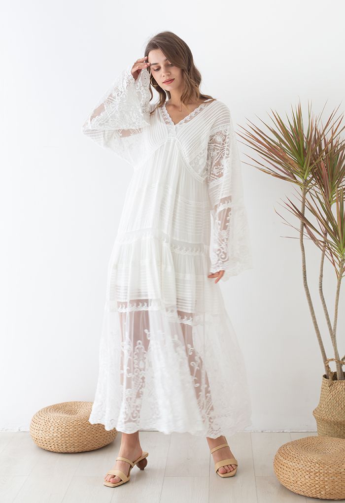 Flare Sleeve Embroidered Floral Lacy Maxi Dress