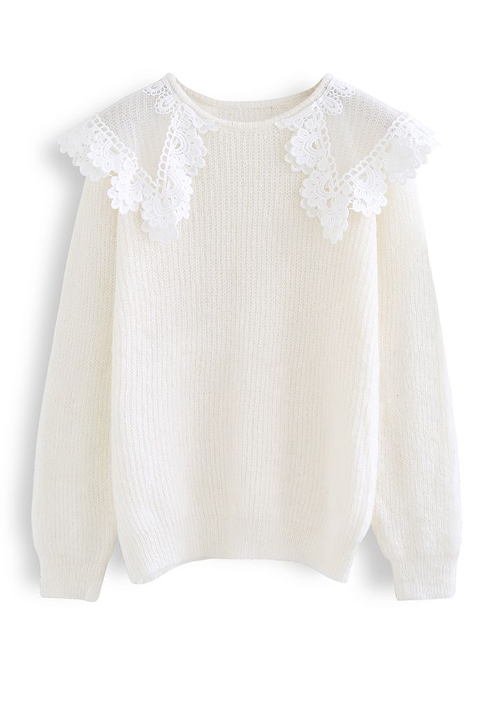 Lacy Doll Collar Fuzzy Knit Sweater in White