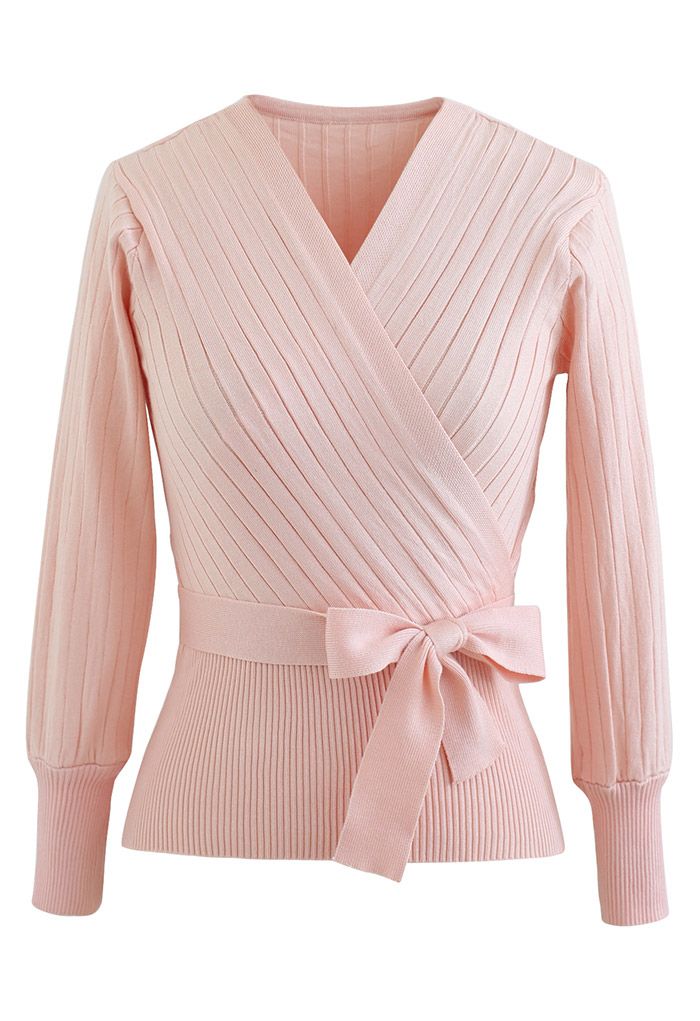 Pink Tie Waist Wrap Fitted Knit Top 