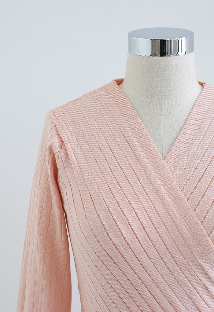 Pink Tie Waist Wrap Fitted Knit Top 