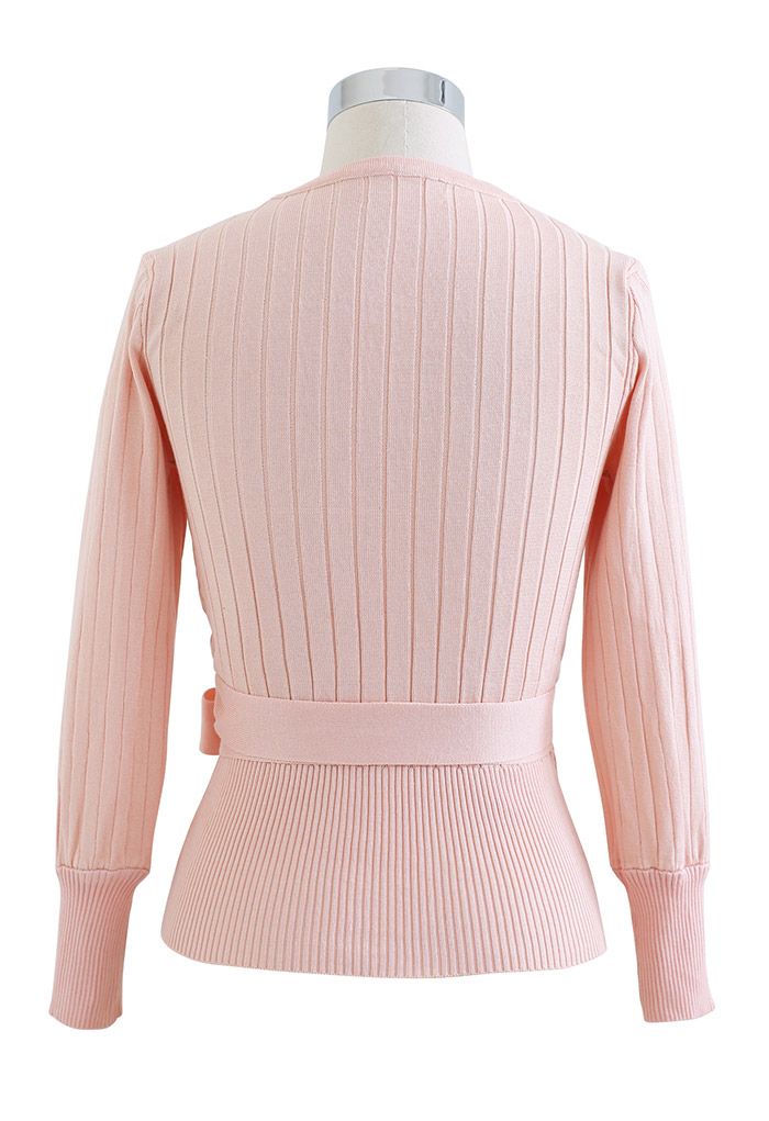 Pink Tie Waist Wrap Fitted Knit Top 