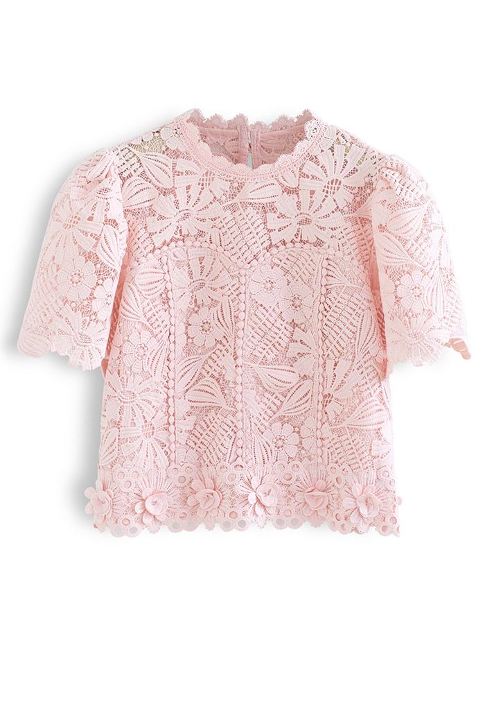 Light Pink Short-Sleeve Floral Crochet Top