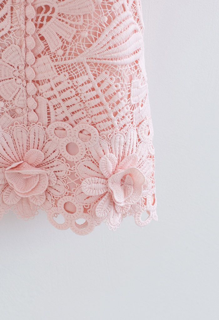 Light Pink Short-Sleeve Floral Crochet Top