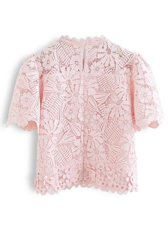 Light Pink Short-Sleeve Floral Crochet Top