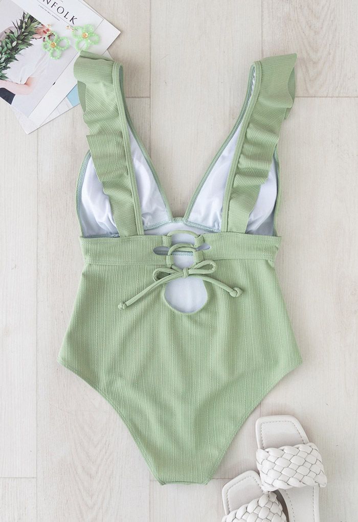 Deep-V Lace-Up Ruffle Swimsuit in Mint