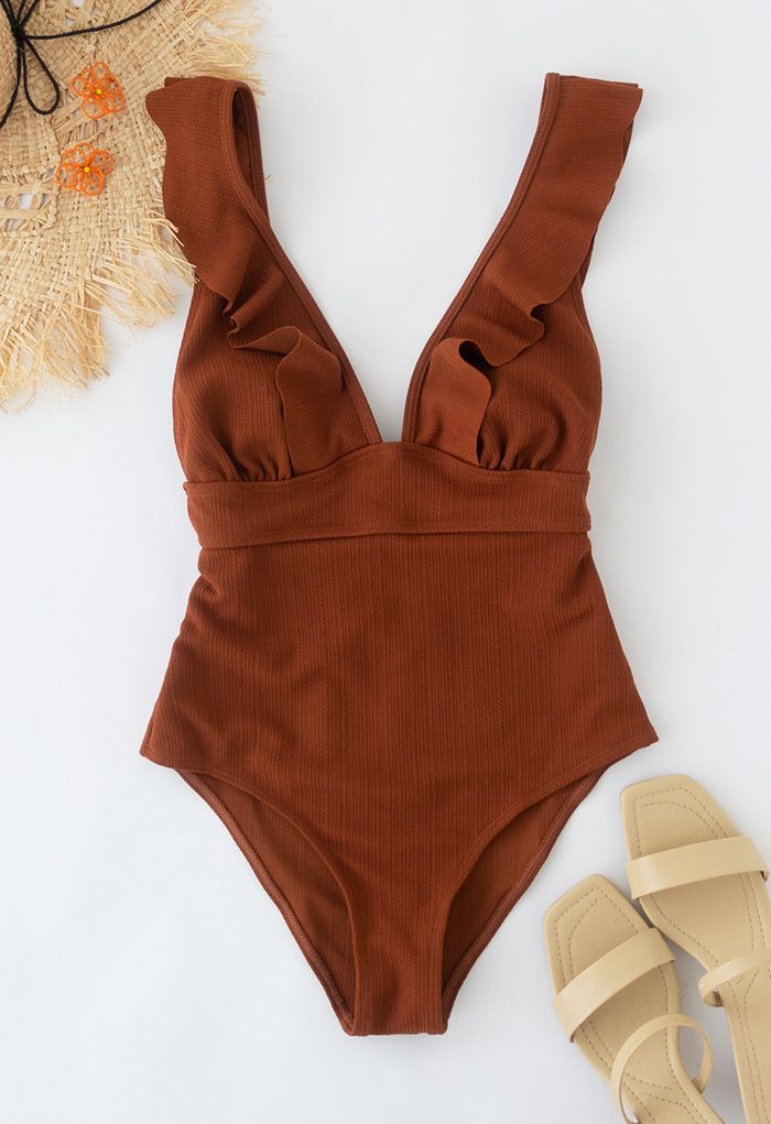 Deep-V Lace-Up Ruffle Swimsuit in Caramel