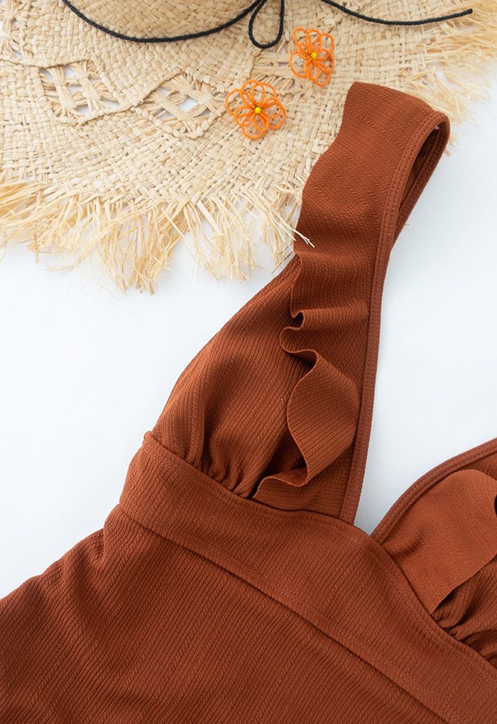 Deep-V Lace-Up Ruffle Swimsuit in Caramel