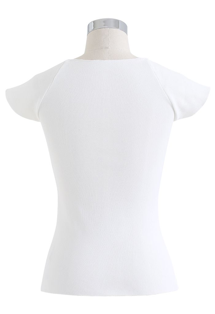 Sweetheart Neck Short-Sleeve Fitted Knit Top in White