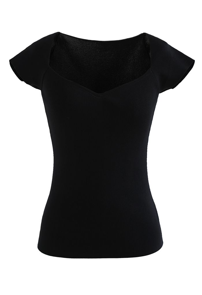 Sweetheart Neck Short-Sleeve Fitted Knit Top in Black