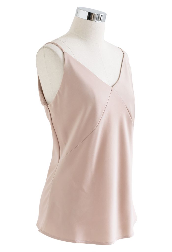 V-Neck Satin Cami Tank Top in Nude Pink