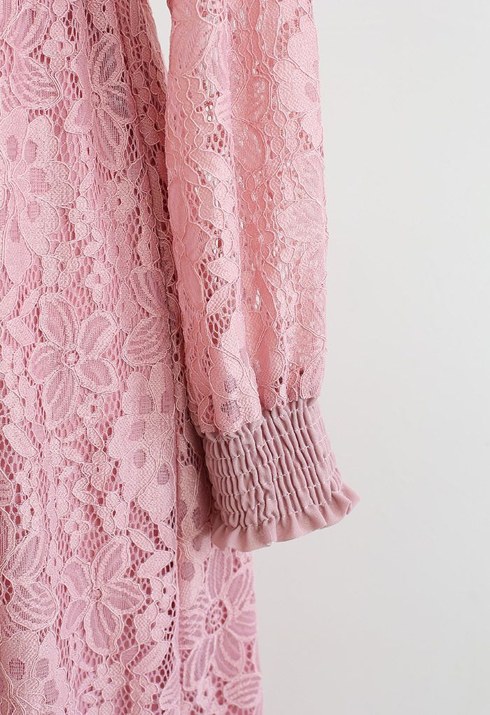 Floral Lace Splice Pleated Midi Dress in Pink