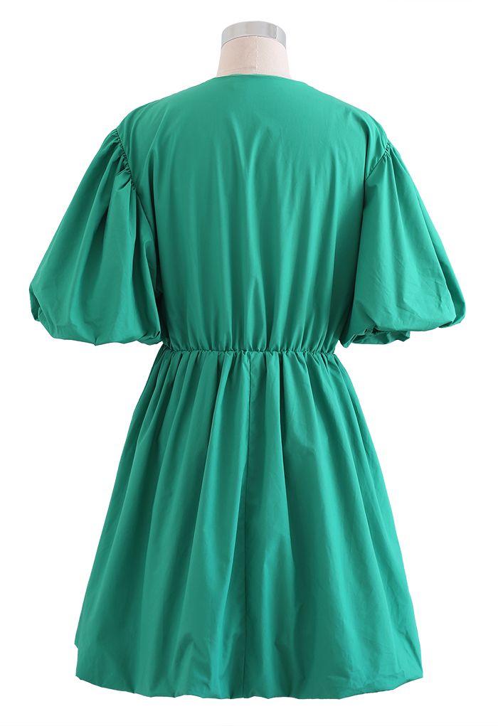 V-Neck Bubble Sleeves Cotton Dress in Green