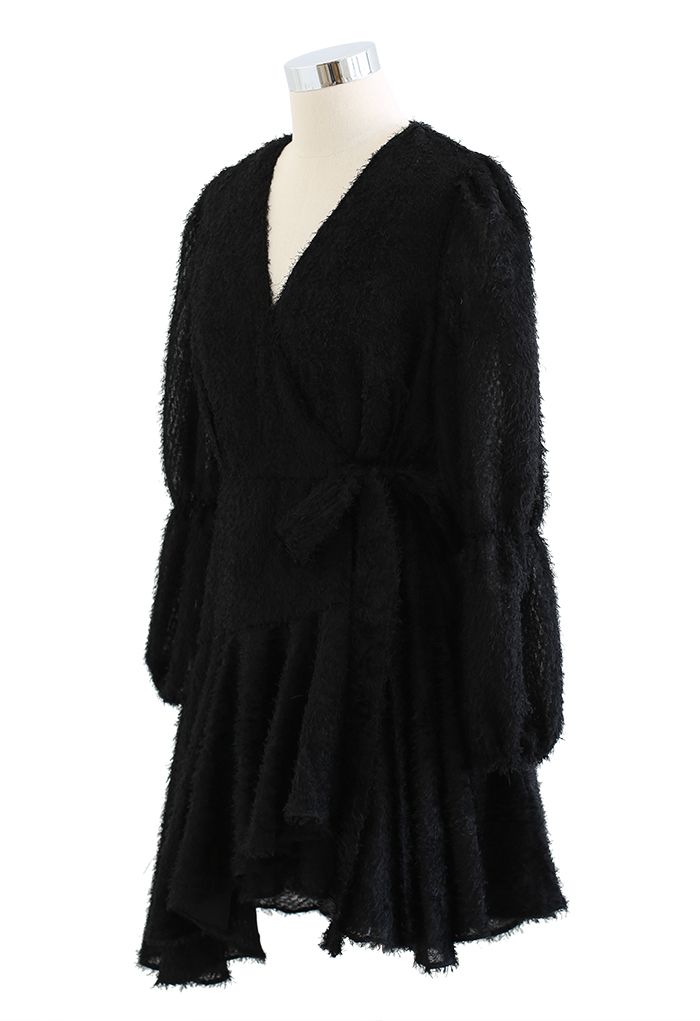 Fuzzy Wrapped Bowknot Asymmetric Mini Dress in Black