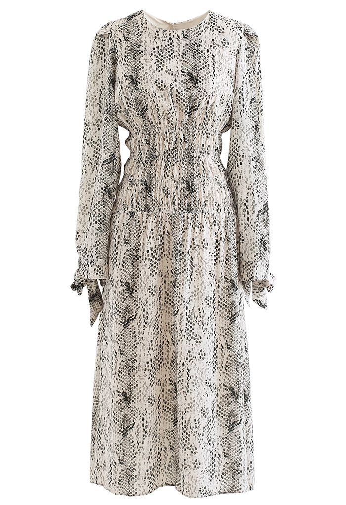 Snake Print Shirred Waist Midi Dress in Ivory