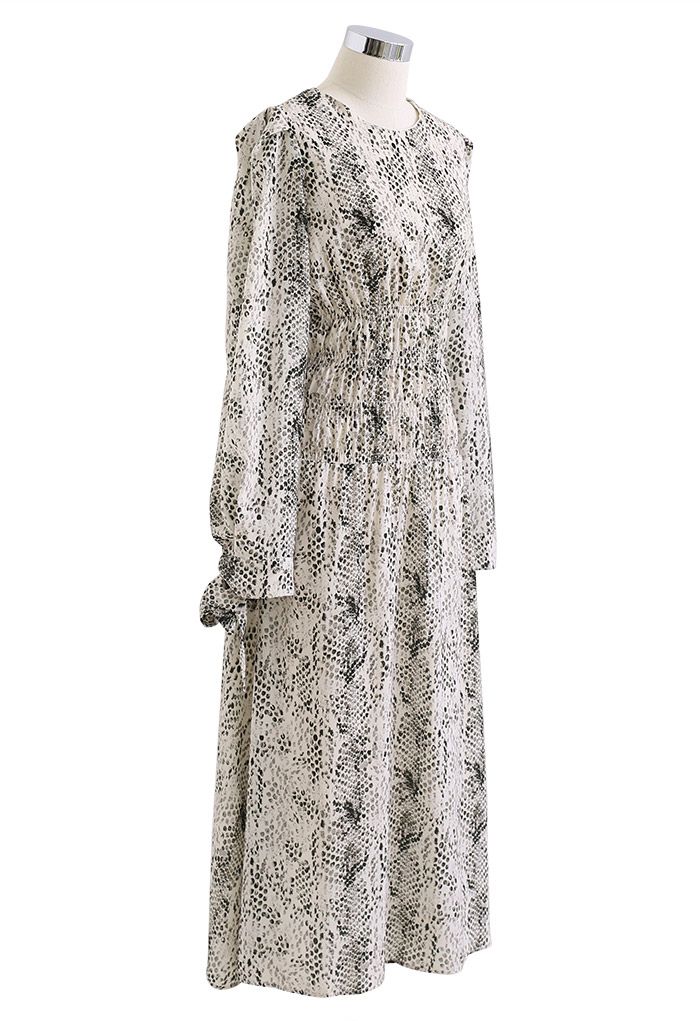 Snake Print Shirred Waist Midi Dress in Ivory