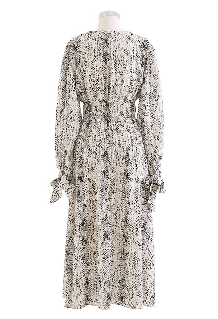 Snake Print Shirred Waist Midi Dress in Ivory