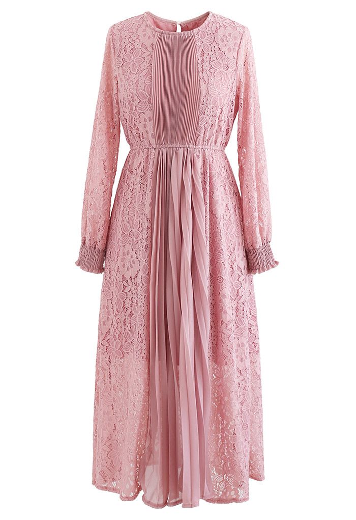Floral Lace Splice Pleated Midi Dress in Pink